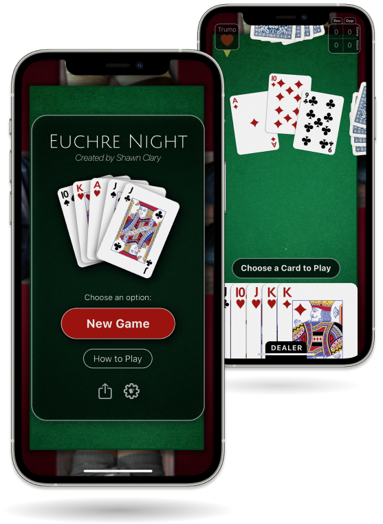 Two iPhones showing Euchre Night open