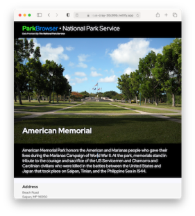 Screenshot of National Parks website